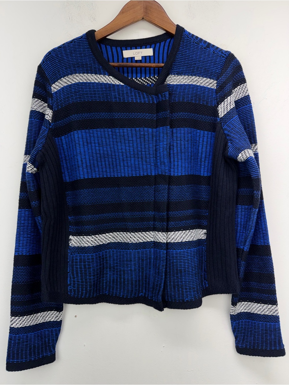 Ann Taylor Loft size Large Women’s Blue Striped Knit Full Zip Sweater Jacket
